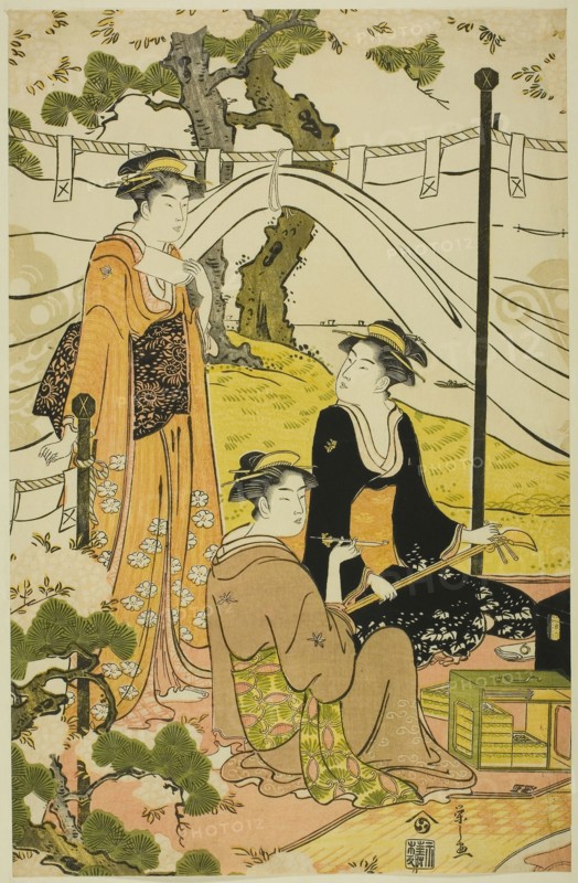 Viewing Cherry Blossoms at Goten Hill, c. 1787, Chobunsai Eishi, Japanese, 1756-1829, Japan, Color woodblock print, left sheet of oban triptych (right sheet: 1925.3091), 14 1/2 x 9 3/8 in.