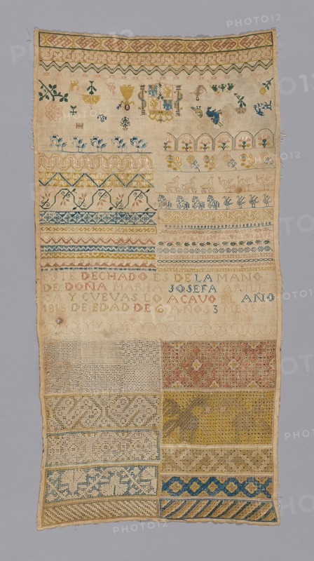 Sampler, 1815, Spain, Linen, plain weave, pulled thread work, embroidered with silk floss and linen yarns, in black, double faggot, hem interlocking, loop, overcast, Russian overcast, and wave stitches, embroidered with silk floss in back, cross, double running, long-armed cross, satin and stem stitches, 36.8 x 75.2 cm (14 1/2 x 29 5/8 in.)