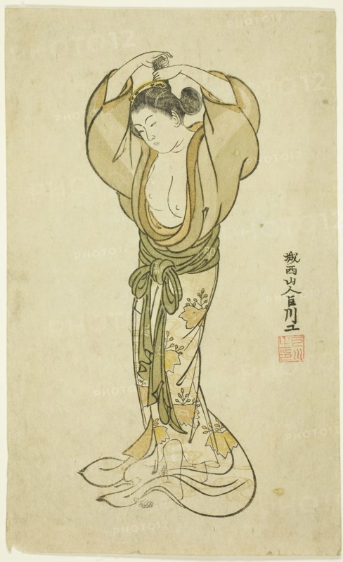 Woman Arranging Her Hair, 1765, Kyosen, Japanese, 1722–1777, Japan, Color woodblock print, hosoban, 23.4 x 14.2 cm