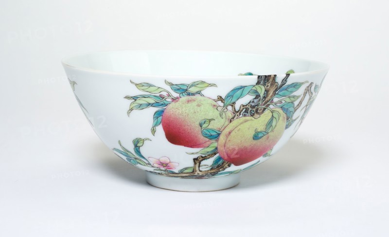 Bowl with Fruiting Peaches, Tree Peony, Flowering Plum, and Bats, Qing dynasty (1644–1911), Yongzheng reign mark and period (1723–1735), China, Porcelain painted in overglaze famille rose enamels, H. 6.5 cm (2 9/16 in.), diam. 14.3 cm (5 5/8 in.)