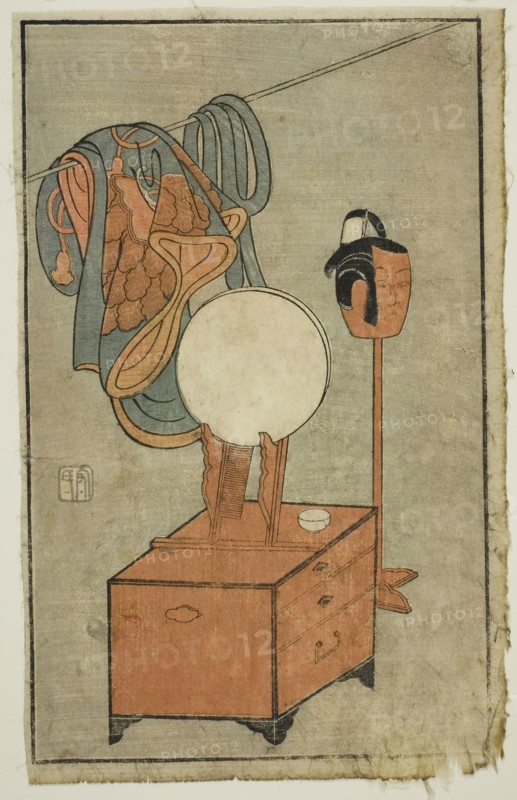 Actor’s dressing table, from A Picture Book of Stage Fans (Ehon butai ogi), 1770, Ippitsusai Buncho, Japanese, active c. 1755-90, Japan, Color woodblock print, page from illustrated book, 9 5/8 x 6 in.