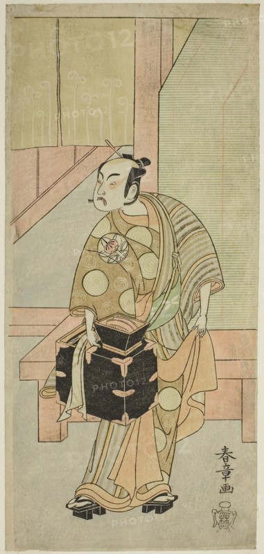 The Actor Ichimura Uzaemon IX as the Hairdreser Komagata Ikkaku in the Play Fuji no Yuki Kaikei Soga, Performed at the Ichimura Theater in the First Month, 1770, c. 1770, Katsukawa Shunsho ?? ??, Japanese, 1726-1792, Japan, Color woodblock print, hosoban, 32.5 x 15 cm (12 13/16 x 5 7/8 in.)