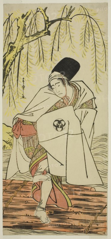 The Actor Bando Mitsugoro I as the Shinto Priest Goinosuke Disguised as the Spirit of a White Heron, in the Play Sakikaese Yuki no Miyoshino, Performed at the Morita Theater in the Eleventh Month, 1781, c. 1781, Katsukawa Shunsho ?? ??, Japanese, 1726-1792, Japan, Color woodblock print, hosoban, 32.6 x 14.5 cm (12 13/16 x 5 3/4 in.)