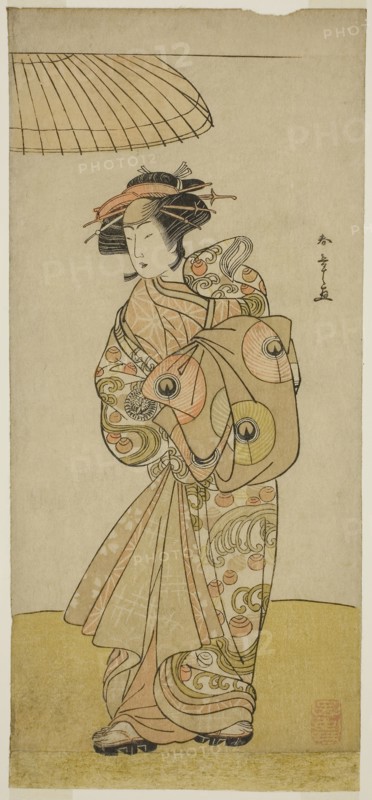 The Actor Ikushima Daikichi III as the Courtesan Naniwazu in the Play Saki Masuya Ume no Kachidoki, Performed at the Ichimura Theater in the Eleventh Month, 1777, c. 1777, Katsukawa Shunsho ?? ??, Japanese, 1726-1792, Japan, Color woodblock print, hosoban, from a multisheet composition (?), 32.2 x 15.5 cm (12 11/16 x 6 1/8 in.)