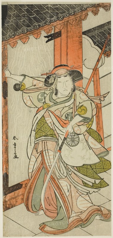 The Actor Nakamura Tomijuro I as Hangaku Gozen Breaking Down the Gate in the Play Wada-gassen Onna Maizuru (The Wada Conflict: A Woman’s Maizuru), Performed at the Nakamura Theater from the Twenty-fifth Day of the Seventh Month, 1777, c. 1777, Katsukawa Shunsho ?? ??, Japanese, 1726-1792, Japan, Color woodblock print, hosoban, 30.5 x 14.4 cm (12 x 5 11/16 in.)