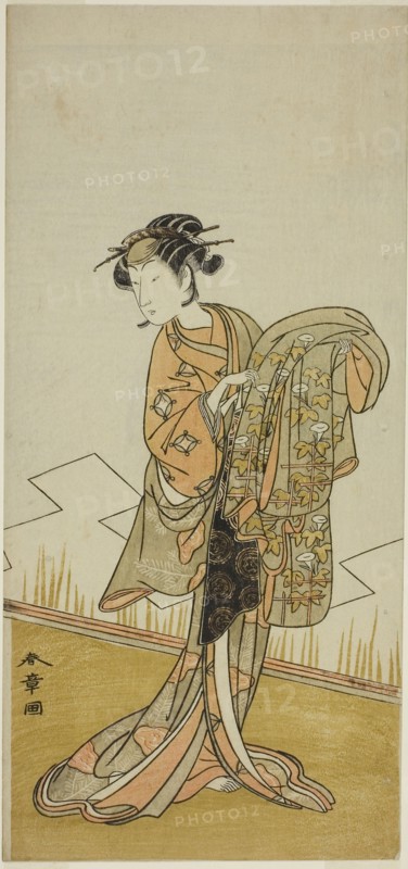 The Actor Nakamura Riko I as the Courtesan Wakamatsu (?) in the Play Gohiiki Kanjincho (?), Performed at the Nakamura Theater (?) in the Eleventh Month, 1773 (?), c. 1773, Katsukawa Shunsho ?? ??, Japanese, 1726-1792, Japan, Color woodblock print, hosoban, 32.3 x 15.1 cm (12 11/16 x 5 15/16 in.)