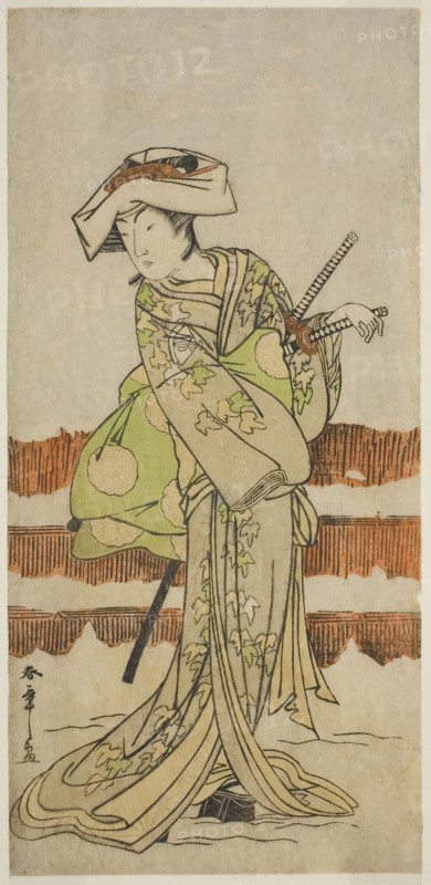 The Actor Onoe Kikugoro I as Tonase in the Play Kanadehon Chushin Nagori no Kura, Performed at the Nakamura Theater in the Ninth Month, 1780, c. 1780, Katsukawa Shunsho ?? ??, Japanese, 1726-1792, Japan, Color woodblock print, hosoban, 30.3 x 14.5 cm (11 15/16 x 5 11/16 in.)