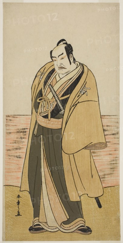The Actor Nakamura Sukegoro II as Kaminari Shokuro in the Play Hatsumombi Kuruwa Soga, Performed at the Nakamura Theater in the Second Month, 1780, c. 1780, Katsukawa Shunsho ?? ??, Japanese, 1726-1792, Japan, Color woodblock print, hosoban, one sheet of pentaptych, 30.3 x 14.9 cm (11 15/16 x 5 7/8 in.)