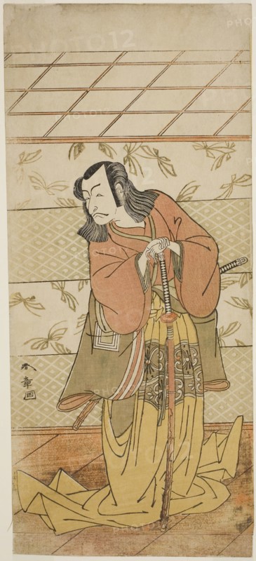 The Actor Ichikawa Danjuro V as Ashiya Doman in the Play Kikyo-zome Onna Urakata, Performed at the Morita Theater in the Seventh Month, 1776, c. 1776, Katsukawa Shunsho ?? ??, Japanese, 1726-1792, Japan, Color woodblock print, hosoban, 33.4 x 14.9 cm (13 1/8 x 5 7/8 in.)