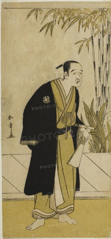 The Actor Otani Tomoemon I as Kajino Choan (?) in the Play Hono Nitta Daimyojin (?), Performed at the Morita Theater (?) in the Seventh Month, 1777, c. 1777, Katsukawa Shunsho ?? ??, Japanese, 1726-1792, Japan, Color woodblock print, hosoban, left sheet of diptych, 32.7 x 15.2 cm (12 7/8 x 6 in.)
