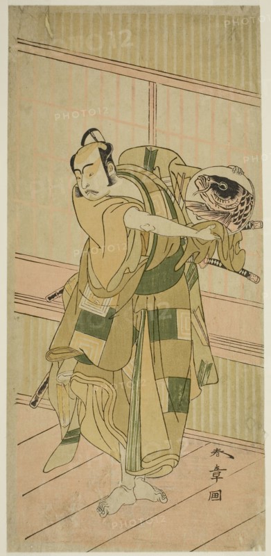 The Actor Ichikawa Yaozo II as Ashikaga Motouji Disguised as Katagiri Yashichi in the Play Oyoroi Ebido Shinozuka, Performed at the Nakamura Theater in the Eleventh Month, 1772, c. 1772, Katsukawa Shunsho ?? ??, Japanese, 1726-1792, Japan, Color woodblock print, hosoban, right sheet of diptych (?), 31.6 x 14.6 cm (12 7/16 x 5 13/16 in.)