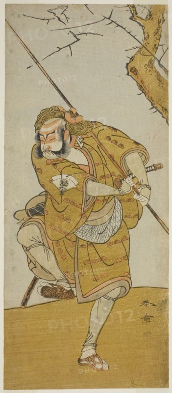 The Actor Onoe Matsusuke I as Kobayashi no Asahina Disguised as a Bird-Catcher in the Play Edo no Haru Meisho Soga, Performed at the Ichimura Theater in the Third Month, 1773, c. 1773, Katsukawa Shunsho ?? ??, Japanese, 1726-1792, Japan, Color woodblock print, hosoban, 29.6 x 12.6 cm (11 5/8 x 4 15/16 in.)