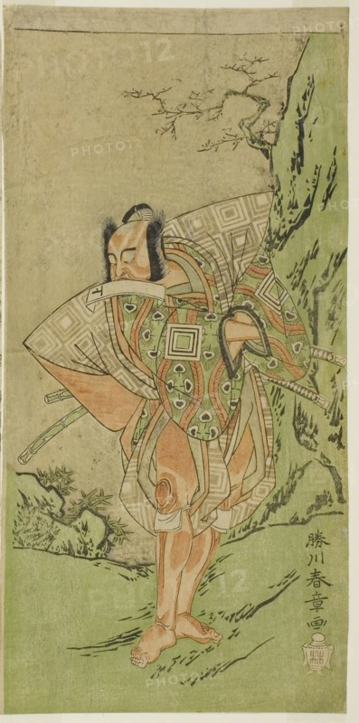 The Actor Ichikawa Danzo III as I no Hayata Tadazumi in the Play Nue no Mori Ichiyo no Mato, Performed at the Nakamura Theater in the Eleventh Month, 1770, c. 1770, Katsukawa Shunsho ?? ??, Japanese, 1726-1792, Japan, Color woodblock print, hosoban, 30.7 x 15.1 cm (12 1/16 x 5 15/16 in.)