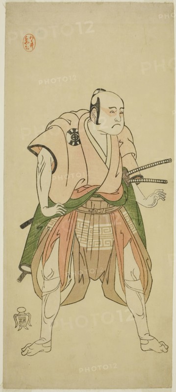 The Actor Bando Sampachi I as Yawata no Saburo (?) in the Play Shuen Soga Omugaeshi (?), Performed at the Ichimura Theater (?) in the Second Month, 1768 (?), c. 1768, Katsukawa Shunsho ?? ??, Japanese, 1726-1792, Japan, Color woodblock print, hosoban, probably one sheet of a five-sheet print, 32.7 x 14.3 cm (12 7/8 x 5 5/8 in.)