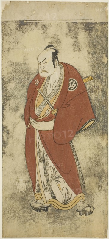 The Actor Nakamura Sukegoro II as Kaminari Shokuro in the Joruri Gonin Otoko (Five Chivalrous Commoners), Played as One Act in the Ayatsuri Kabuki Ogi (Mastery of the Fan in Kabuki), Performed at the Nakamura Theater from the Twentieth Day of the Seventh Month, 1768, c. 1768, Attributed to Katsukawa Shunsho ?? ??, Japanese, 1726-1792, Japan, Color woodblock print, hosoban, one sheet of pentaptych, 31 x 14 cm (12 3/16 x 5 1/2 in.)