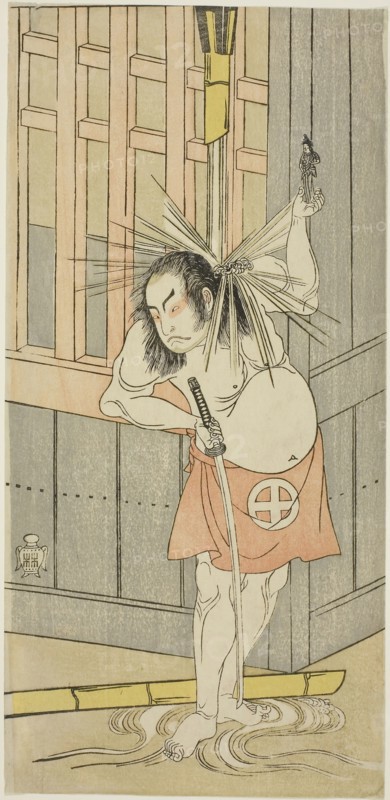 The Actor Otani Hiroji III, Possibly as Akaneya Hanshichi in the Play Fuji no Yuki Kaikei Soga (Snow on Mt. Fuji: The Soga Vendetta), Performed at the Ichimura Theater from the Fifteenth Day of the First Month, 1770, c. 1770, Attributed to Katsukawa Shunsho ?? ??, Japanese, 1726-1792, Japan, Color woodblock print, hosoban, 31.5 x 15.2 cm (12 6/16 x 6 in.)