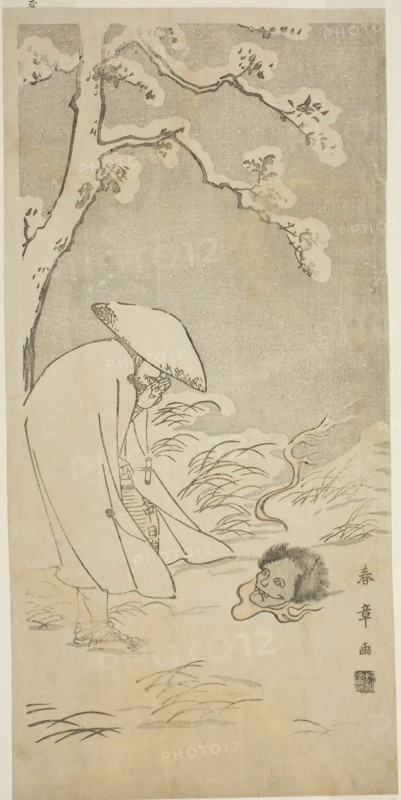 A Pilgrim Praying through the Night to the Buddha (kannenbutsu) is Startled by a Ghostly Head Lying on the Snow-Covered Ground, c. 1768, Katsukawa Shunsho ?? ??, Japanese, 1726-1792, Japan, Color woodblock print, hosoban, 33.1 x 16.2 cm (13 x 6 3/8 in.)