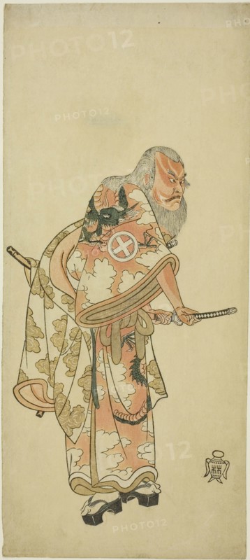 The Actor Otani Hiroemon III as Hige no Ikyu in the scene Sukeroku in the play Hitokidori Harutsuge Soga (The Soga Play: Announcement of the Spring Season by the Bush Warbler), c. 1764, Katsukawa Shunsho ?? ??, Japanese, 1726-1792, Japan, Color woodblock print, hosoban, left sheet of diptych (?), 33.8 x 14.5 cm (13 x 5 5/8 in.)