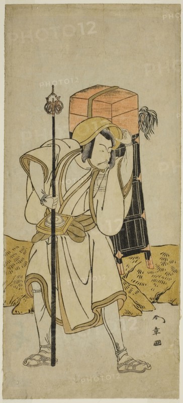 The Actor Ichikawa Danjuro V as Moriya no Daijin Disguised as Rokuju-rokubu in the Play Miya-bashira Iwao no Butai, Performed at the Morita Theater in the Seventh Month, 1773, c. 1773, Katsukawa Shunsho ?? ??, Japanese, 1726-1792, Japan, Color woodblock print, hosoban, left sheet of diptych (?), 33 x 14.7 cm (13 x 5 13/16 in.)