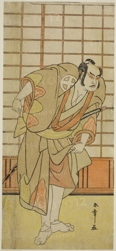 The Actor Otani Hiroji III as Hata no Daizen Taketora Disguised as Shikishima Wakahei in the Play Juni-hitoe Komachi-zakura, Performed at the Kiri Theater in the Eleventh Month, 1784, c. 1784, Katsukawa Shunsho ?? ??, Japanese, 1726-1792, Japan, Color woodblock print, hosoban, from a multisheet composition, 30.8 x 13.8 cm (12 1/8 x 5 7/16 in.)