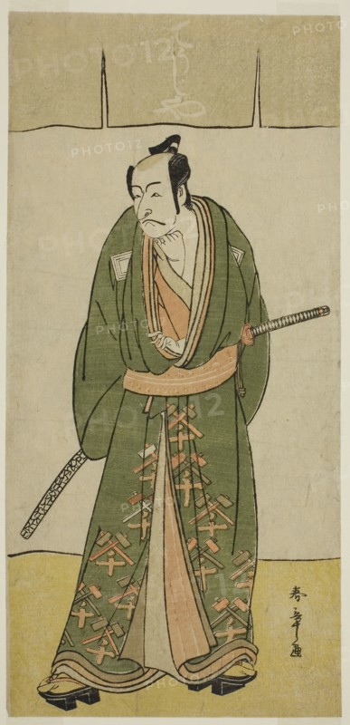 The Actor Ichikawa Danjuro V as Gokuin Sen’emon in the Play Hatsumombi Kuruwa Soga, Performed at the Nakamura Theater in the Second Month, 1780, c. 1780, Katsukawa Shunsho ?? ??, Japanese, 1726-1792, Japan, Color woodblock print, hosoban, center sheet of pentaptych, 30.6 x 14.5 cm (12 1/16 x 5 11/16 in.)