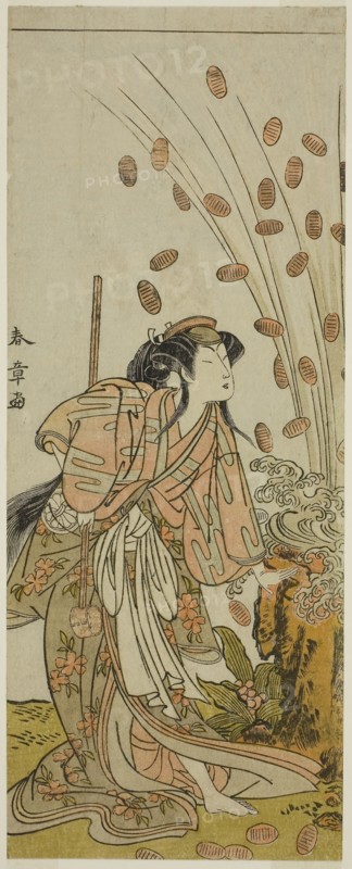 The Actor Segawa Kikunojo III as Hito-maru Disguised as the Courtesan Chiyozaki, in the Play Kuruwa no Hana Katsuragi no Kane, Performed at the Ichimura Theater in the third Month, 1775, c. 1775, Katsukawa Shunsho ?? ??, Japanese, 1726-1792, Japan, Color woodblock print, hosoban, 31.4 x 12.4 cm (12 3/8 x 4 7/8 in.)