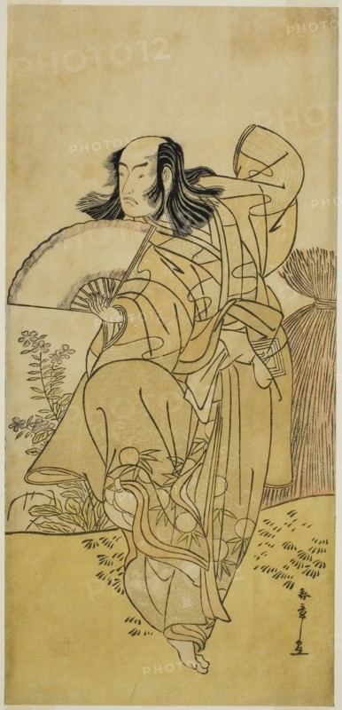 The Actor Ichikawa Yaozo III as Kusunoki Uraminosuke Disguised as a Male Fox from Tsukamoto (?), in the Play Kumoi no Hana Yoshino no Wakamusha (?), Performed at the Nakamura Theater (?) in the Eleventh Month, 1786 (?), c. 1786, Katsukawa Shunsho ?? ??, Japanese, 1726-1792, Japan, Color woodblock print, hosoban, right sheet of diptych (?), 31 x 14.7 cm (12 3/16 x 5 13/16 in.)