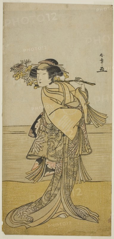 The Actor Nakamura Tomijuro I as a Female Fox from Mt. Ubagadake in the Play Chigo Torii Tobiiri Kitsune, Performed at the Ichimura Theater in the Eleventh Month, 1777, c. 1777, Katsukawa Shunsho ?? ??, Japanese, 1726-1792, Japan, Color woodblock print, hosoban, 31.4 x 14.9 cm (12 3/8 x 5 7/8 in.)