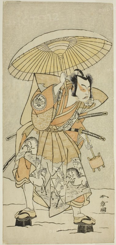 The Actor Nakamura Juzo II as Kajiwara Genta Kagetoki in the Play Izu-goyomi Shibai no Ganjitsu, Performed at the Morita Theater in the Eleventh Month, 1772, c. 1772, Katsukawa Shunsho ?? ??, Japanese, 1726-1792, Japan, Color woodblock print, hosoban, left sheet of a multisheet composition (?), 31.2 x 14.4 cm (12 1/4 x 5 5/8 in.)