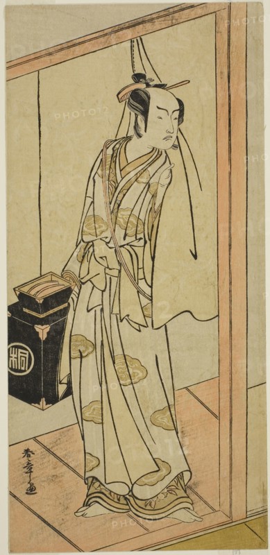 The Actor Arashi Sangoro II as the Hairdresser Obana Saizaburo in the Play Koi Musume Mukashi Hachijo, Performed at the Nakamura Theater in the Third Month, 1776, c. 1776, Katsukawa Shunsho ?? ??, Japanese, 1726-1792, Japan, Color woodblock print, hosoban, left sheet of diptych (?), 29.7 x 14 cm (11 11/16 x 5 1/2 in.)