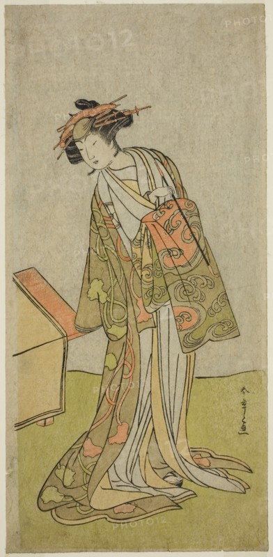 The Actor Iwai Hanshiro IV as the courtesan Agemaki in the play Sukeroku Yukari no Hatsu-zakura, performed at the Ichimura Theater in the third month, 1776, c. 1776, Katsukawa Shunsho ?? ??, Japanese, 1726-1792, Japan, Color woodblock print, center sheet of hosoban triptych, 12 3/8 x 6 in.