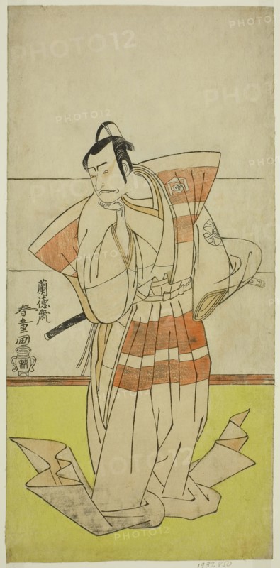 The Actor Nakamura Nakazo I as Kudo Suketsune in the Play Edo no Fuji Wakayagi Soga, Performed at the Nakamura Theater in the First Month, 1789, c. 1789, Rantokusai Shundo, Japanese, active c. 1770-1790, Japan, Color woodblock print, hosoban, 31.2 x 15 cm (12 5/16 x 5 7/8 in.)