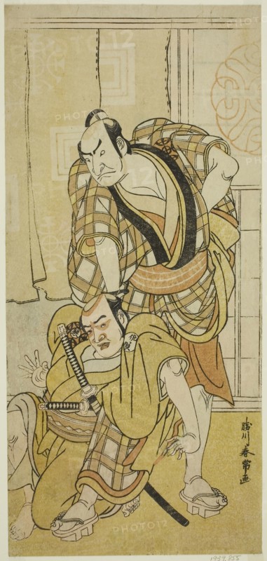 The Actors Nakamura Nakazo I as Tenjiku Tokubei (?) (right) and Bando Kumajuro as the Shopman Dempachi (?) (left), in the Play Keisei Katabira ga Tsuji (?), Performed at the Ichimura Theater (?) in the Eighth Month, 1783 (?), c. 1783, Katsukawa Shunjo, Japanese, died 1787, Japan, Color woodblock print, hosoban, 30.2 x 14.1 cm (11 7/8 x 5 9/16 in.)