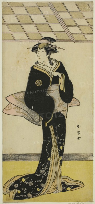 The Actor Nakamura Riko I as Lady Manko (Manko Gozen) (?) in the Play Soga Musume Choja (?), Performed at the Nakamura Theater (?) in the First Month, 1784 (?), c. 1784, Katsukawa Shunjo, Japanese, died 1787, Japan, Color woodblock print, hosoban, 32.5 x 14.8 cm (12 13/16 x 5 13/16 in.)