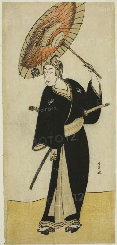 The Actor Matsumoto Koshiro IV as Sukeroku in the Play Sukeroku Yukari no Edo-zakura, Performed at the Ichimura Theater in the Sixth Month, 1782, c. 1782, Katsukawa Shunjo, Japanese, died 1787, Japan, Color woodblock print, hosoban, 31.3 x 14.7 cm (12 5/16 x 5 13/16 in.)