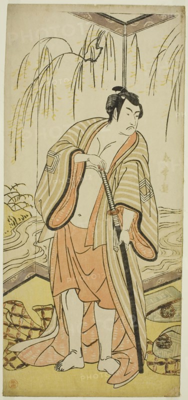 The Actor Ichikawa Monnosuke III as the Sumo Wrestler Shirafuji Genta in the Play Edo no Hana Mimasu Soga, Performed at the Nakamura Theater in the Third Month, 1783, c. 1783, Katsukawa Shunjo, Japanese, died 1787, Japan, Color woodblock print, hosoban, center sheet of triptych, 32.4 x 14.8 cm (12 3/4 x 5 13/16 in.)