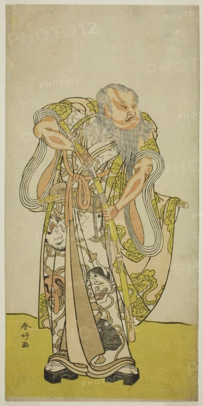 The Actor Sakata Hangoro II as Hige no Ikyu in the Play Shida Yakata Yotsugi no Hikibune, Performed at the Ichimura Theater in the Fifth Month, 1782, c. 1782, Katsukawa Shunko I, Japanese, 1743-1812, Japan, Color woodblock print, hosoban, from a multisheet composition, 31 x 15.1 cm (12 3/16 x 5 5/16 in.)