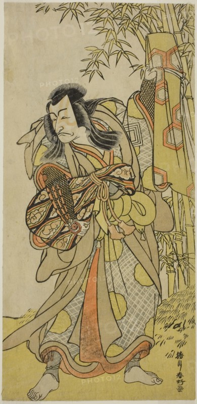 The Actor Ichikawa Danjuro V as Kazusa no Akushichibyoe Kagekiyo Disguised as a Blind Court Musician (Kengyo) in the Play Edo Meisho Midori Soga, Performed at the Morita Theater in the Fourth Month, 1779, c. 1779, Katsukawa Shunko I, Japanese, 1743-1812, Japan, Color woodblock print, hosoban, 28.6 x 13.7 cm (11 1/4 x 5 3/8 in.)
