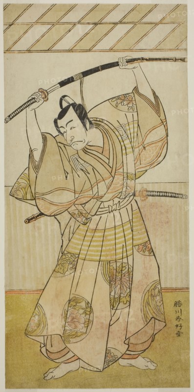 The Actor Ichikawa Danjuro V as Taira no Munekiyo (?) from the Play Kitekaeru Nishiki no Wakayaka (?), Performed at the Nakamura Theater (?) in the Eleventh Month, 1780 (?), c. 1780, Katsukawa Shunko I, Japanese, 1743-1812, Japan, Color woodblock print, hosoban, from a triptych (?), 30.5 x 14.6 cm (12 x 5 3/4 in.)
