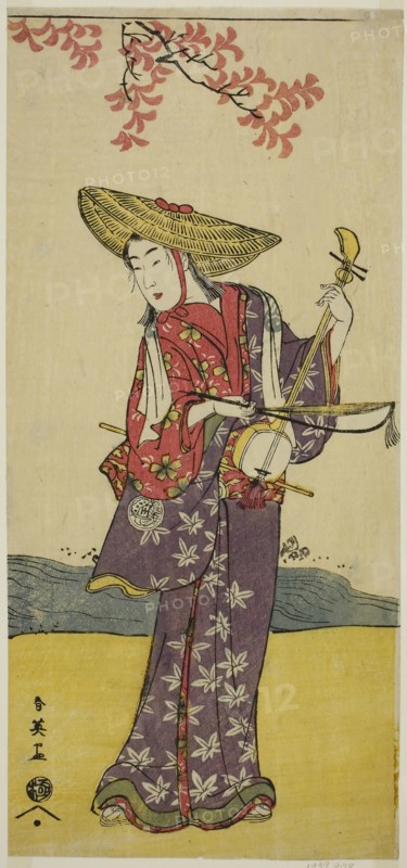 The Actor Sawamura Tamagashira as a Strolling Musician in the Play Dai Danna Kanjincho, Performed at the Kawarazaki Theater in the Eleventh Month, 1790, c. 1790, Katsukawa Shun’ei, Japanese, 1762-1819, Japan, Color woodblock print, hosoban, 31.6 x 14.7 cm (12 7/16 x 5 13/16 in.)