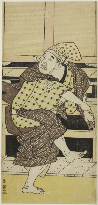 The Actor Asao Tamejuro I as Drunken Gotobei Doing a Sambaso Dance (Goto Sambaso), in Act Three of the Play Yoshitsune Koshigoe Jo (Yoshitsune’s Koshigoe Petition), Performed at the Ichimura Theater from the Ninth Day of the Ninth Month, 1790, c. 1790, Katsukawa Shun’ei, Japanese, 1762-1819, Japan, Color woodblock print, hosoban, 29.4 x 13.9 cm (11 9/16 x 5 9/16 in.)