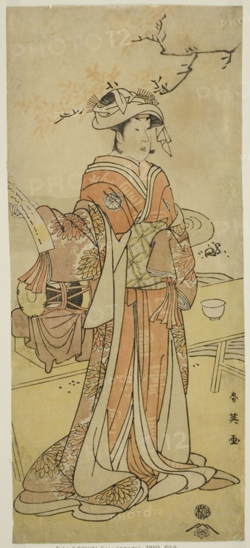 The Actor Segawa Kikunojo III as the Female Fox-Fairy Otatsu-gitsune Disguised as Shizuka Gozen in the Play Kogane Saku Date no Okida, Performed at the Ichimura Theater in the Eleventh Month, 1792, c. 1792, Katsukawa Shun’ei, Japanese, 1762-1819, Japan, Color woodblock print, hosoban, from a multisheet composition, 30.5 x 13.4 cm (12 x 5 1/4 in.)