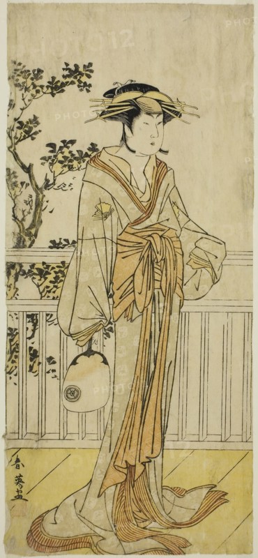 The Actor Iwai Hanshiro IV as Okumi of the Mieido Fan Shop (?) in the Play Sanjuk-koku Yobune no Hajimari (?), Performed at the Ichimura Theater (?) in the Fifth Month, 1789 (?), c. 1789, Katsukawa Shun’ei, Japanese, 1762-1819, Japan, Color woodblock print, hosoban, 30.7 x 13.7 cm (12 1/16 x 5 3/8 in.)