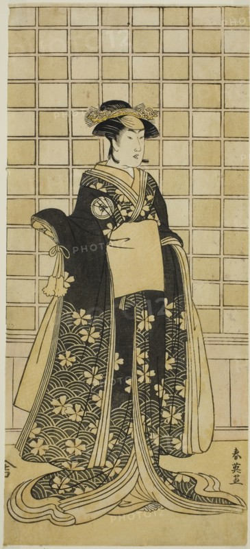 The Actor Iwai Kiyotaro II as Lady Itohagi (?) in the Play Genji Saiko Kogane Tachibana (?), Performed at the Ichimura Theater (?) in the Eleventh Month, 1788 (?), c. 1788, Katsukawa Shun’ei, Japanese, 1762-1819, Japan, Color woodblock print, hosoban, left sheet of diptych, 30.8 x 13.8 cm (12 1/8 x 5 7/16 in.)