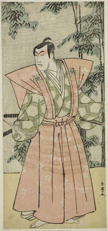 The Actor Matsumoto Koshiro IV as Hatakeyama Shigetada Disguised as Honjo Soheiji (?) in the Play Edo no Fuji Wakayagi Soga (?), Performed at the Nakamura Theater (?) in the First Month, 1789 (?), c. 1789, Katsukawa Shun’ei, Japanese, 1762-1819, Japan, Color woodblock print, hosoban, from a multisheet composition, 30.5 x 13.8 cm (12 x 5 7/16 in.)
