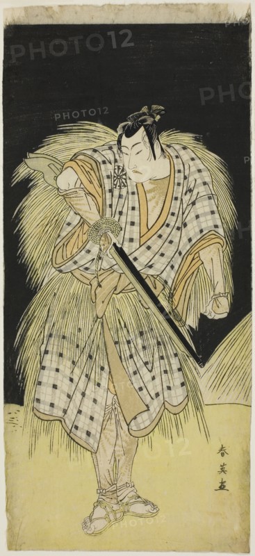 The Actor Mimamsu Tokujiro I as Hayano Kampei, in Act Five of Kanadehon Chushingura (Treasury of the Forty-seven Loyal Retainers), Performed at the Nakamura Theater from the Eleventh Day of the Fifth Month, 1786, c. 1786, Katsukawa Shun’ei, Japanese, 1762-1819, Japan, Color woodblock print, left sheet of hosoban diptych? (right: 1940.1121), 32.7 x 14.7 cm (12 3/8 x 5 3/4 in.)