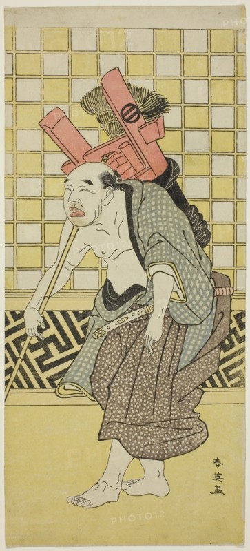 The Actor Asao Tamejuro I as Drunken Gotobei in Act Three of the Play Yoshitsune Koshigoe Jo (Yoshitsune’s Koshigoe Petition), Performed at the Ichimura Theater from the Ninth Day of the Ninth Month, 1790, c. 1790, Katsukawa Shun’ei, Japanese, 1762-1819, Japan, Color woodblock print, hosoban, 32.9 x 14.7 cm (12 7/8 x 5 3/4 in.)