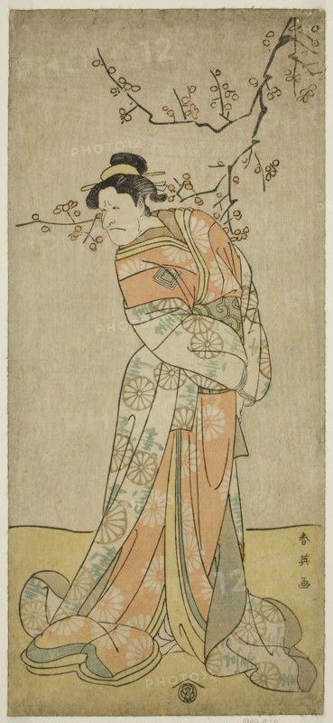The Actor Ichikawa Ebizo (Danjuro V) as the Lady-in-Waiting Iwafuji in the Play Gozen-gakari Sumo Soga, Performed at the Kawarazaki Theater in the First Month, 1793 (?), c. 1793, Katsukawa Shun’ei, Japanese, 1762-1819, Japan, Color woodblock print, hosoban, right sheet of diptych (?), 32.5 x 14.6 cm (12 13/16 x 5 3/4 in.)