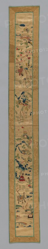 Fragment (Sleeve Band), Qing dynasty (1644–1911), 1850/75, China, Figures in landscape embroidered in multi-color silk on tan ground. Bands sewn together, with yellow and green border, 116.2 × 15.2 cm (45 3/4 × 6 in.)