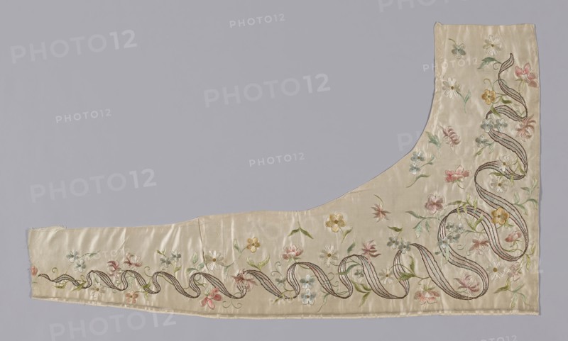 Two Fragments, 19th century, United States, Silk, satin weave, embroidered in silk floss, silver and pink metal threads wrapped around a fiber core, in long and short split and  couching stitches and French knots, 103.1 x 59.3 cm (40 1/2 x 23 3/8 in.)